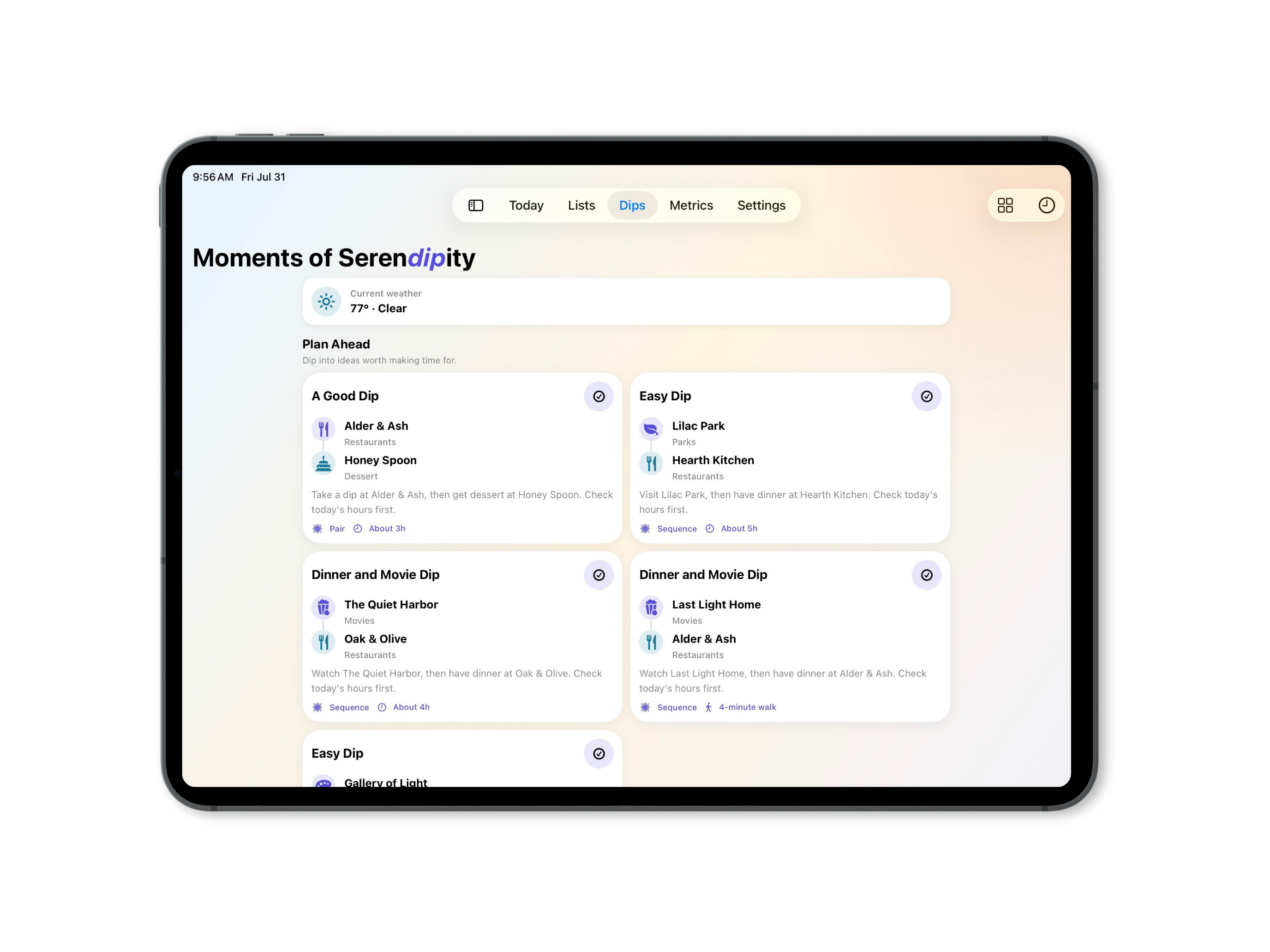 Serendipity Dips screen shown on iPad