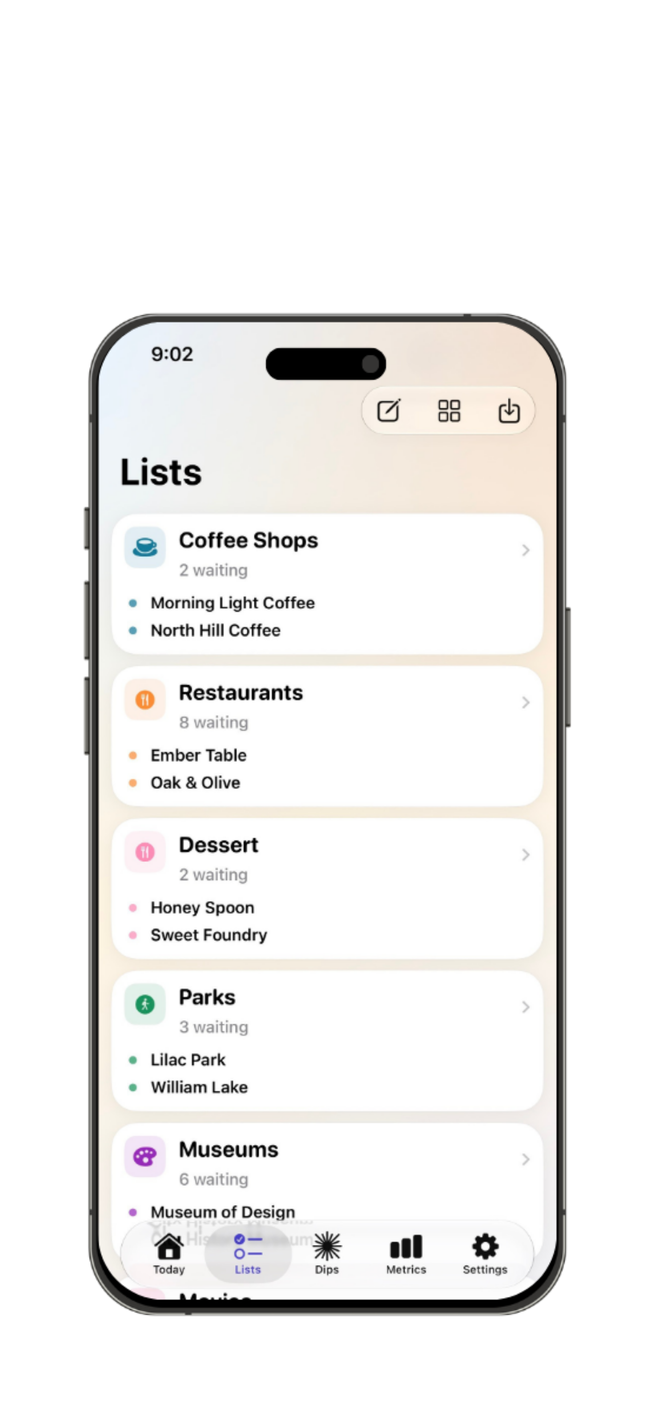 Serendipity Lists screen shown on iPhone