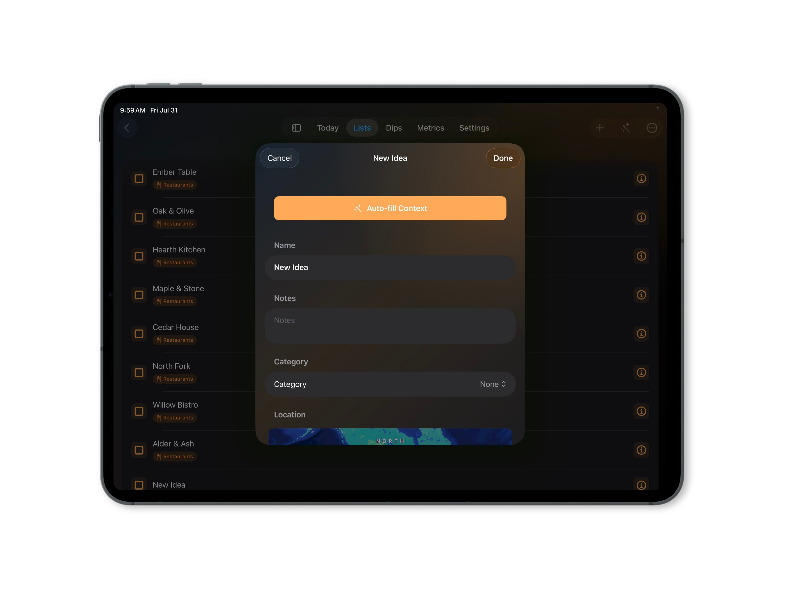 Serendipity Lists screen shown on iPad