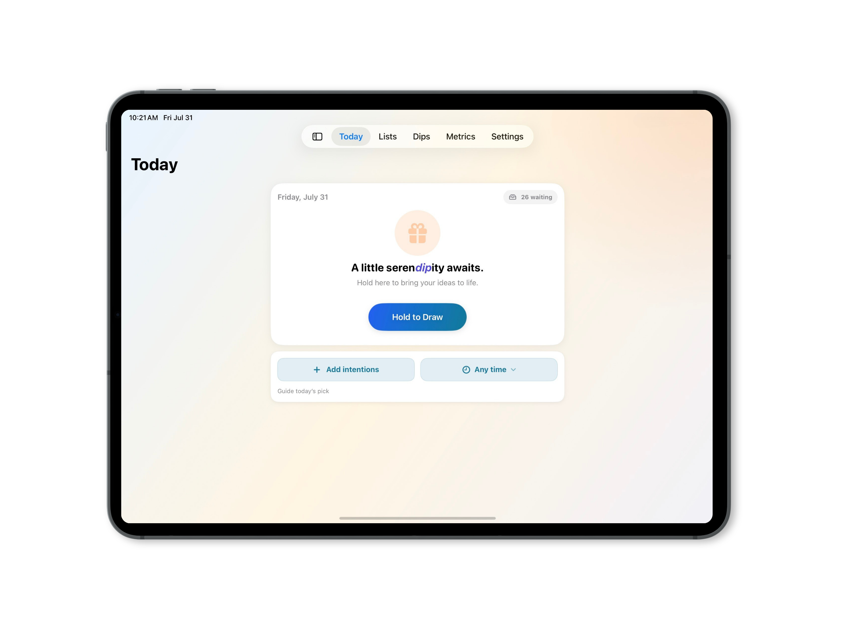 Serendipity Today screen shown on iPad