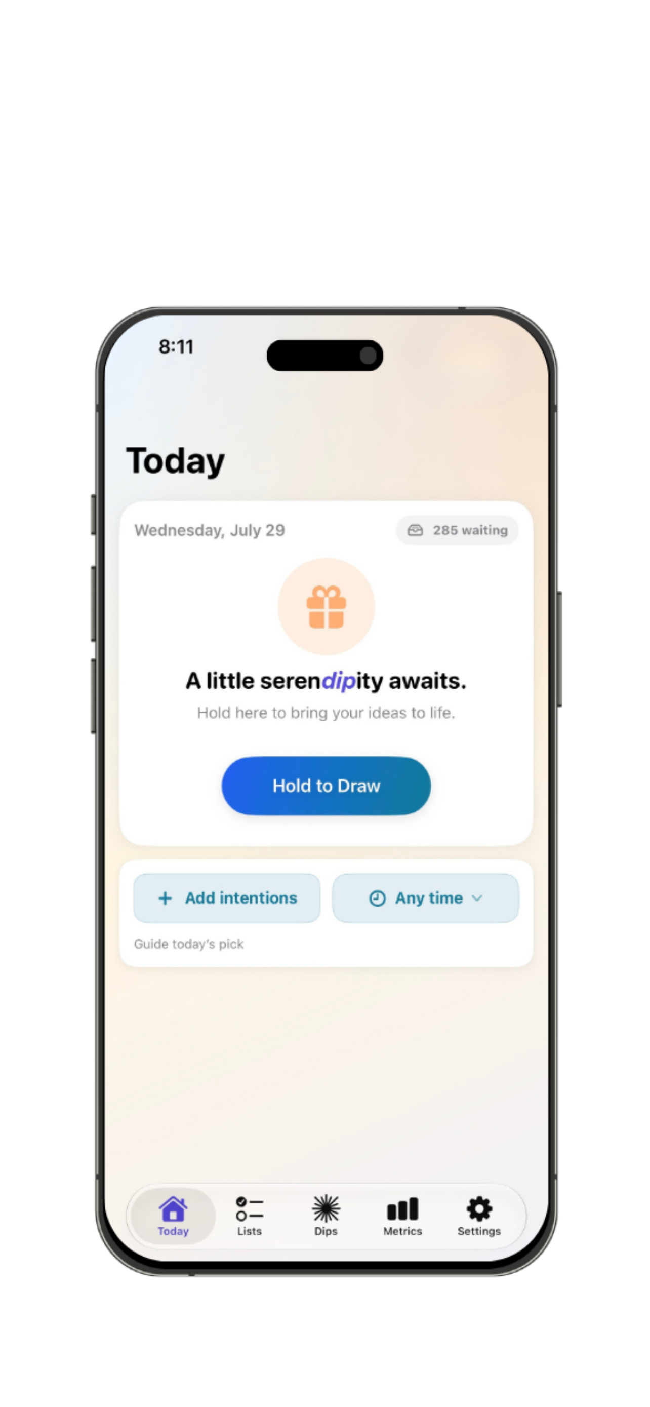 Serendipity Today screen shown on iPhone